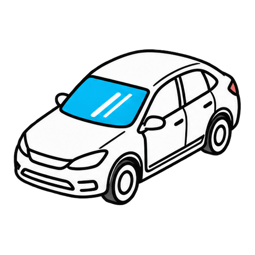 Voiture vue de trois quarts avant, pare-brise mis en évidence